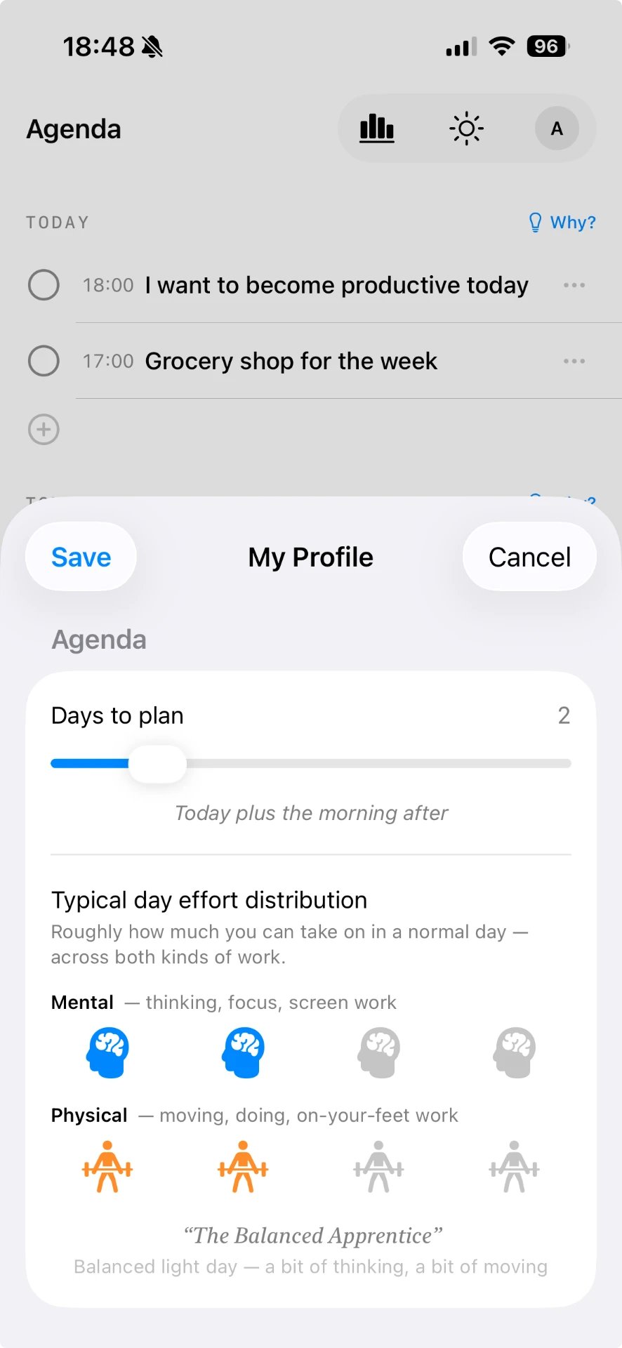 Slycora Agenda screen with a profile sheet setting days to plan and mental and physical effort levels