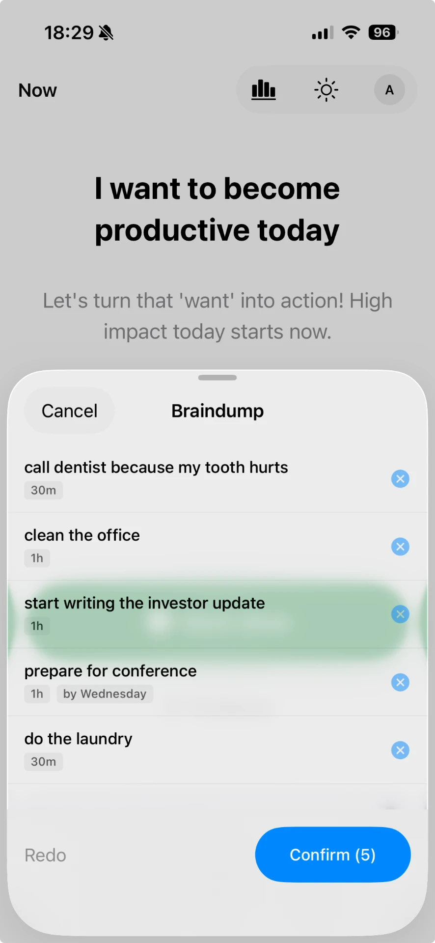 Slycora Braindump review screen splitting a voice braindump into separate tasks with durations