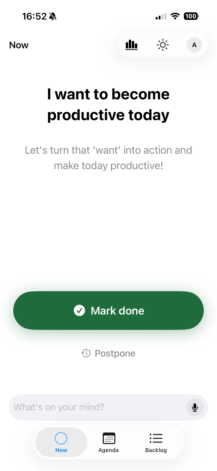 Slycora Now screen showing the single next task with Mark done and Postpone actions