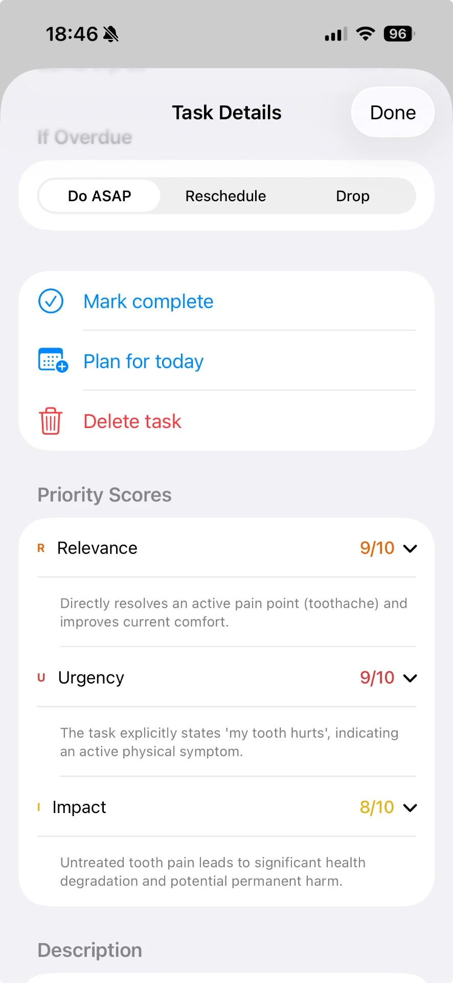 Slycora Task Details screen showing Relevance, Urgency and Impact scores with plain-English rationale